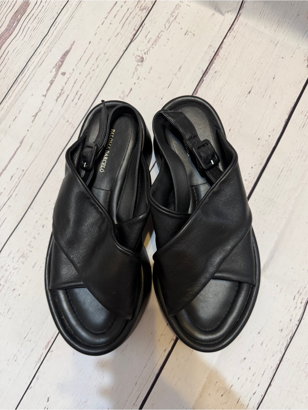 Paloma Barcelo Black Leather Crisscross Slingback Sandals